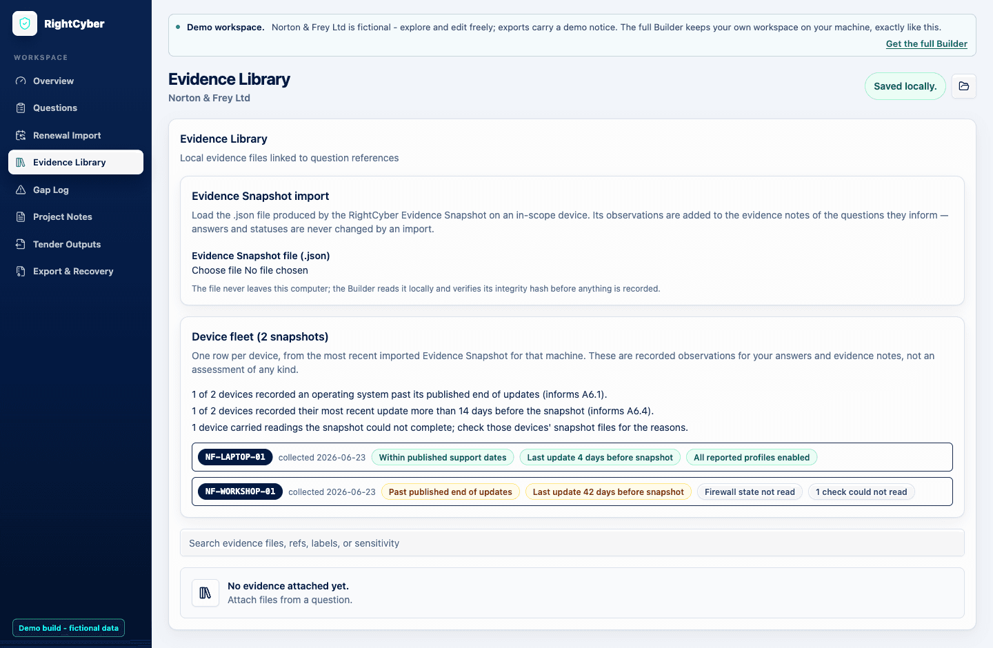 The Evidence Library fleet view showing one healthy device and one device past its published end of updates
