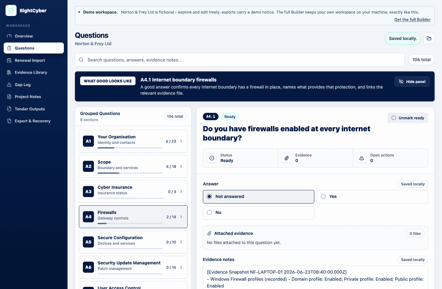 The Questions workbench showing grouped questions and guidance for a fictional company