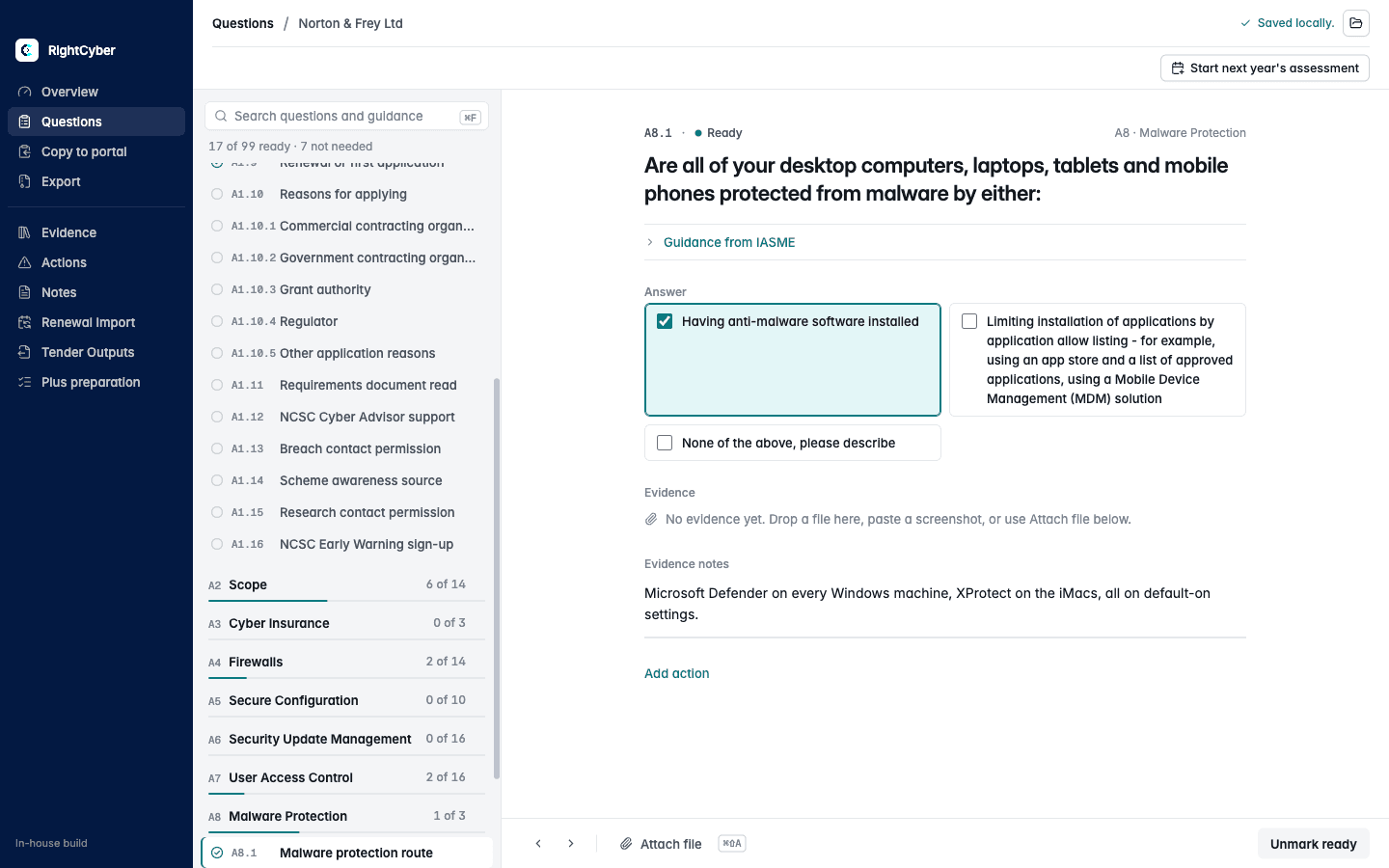 A real Cyber Essentials Workspace Questions capture from the In-house build, showing a fictional demo organisation